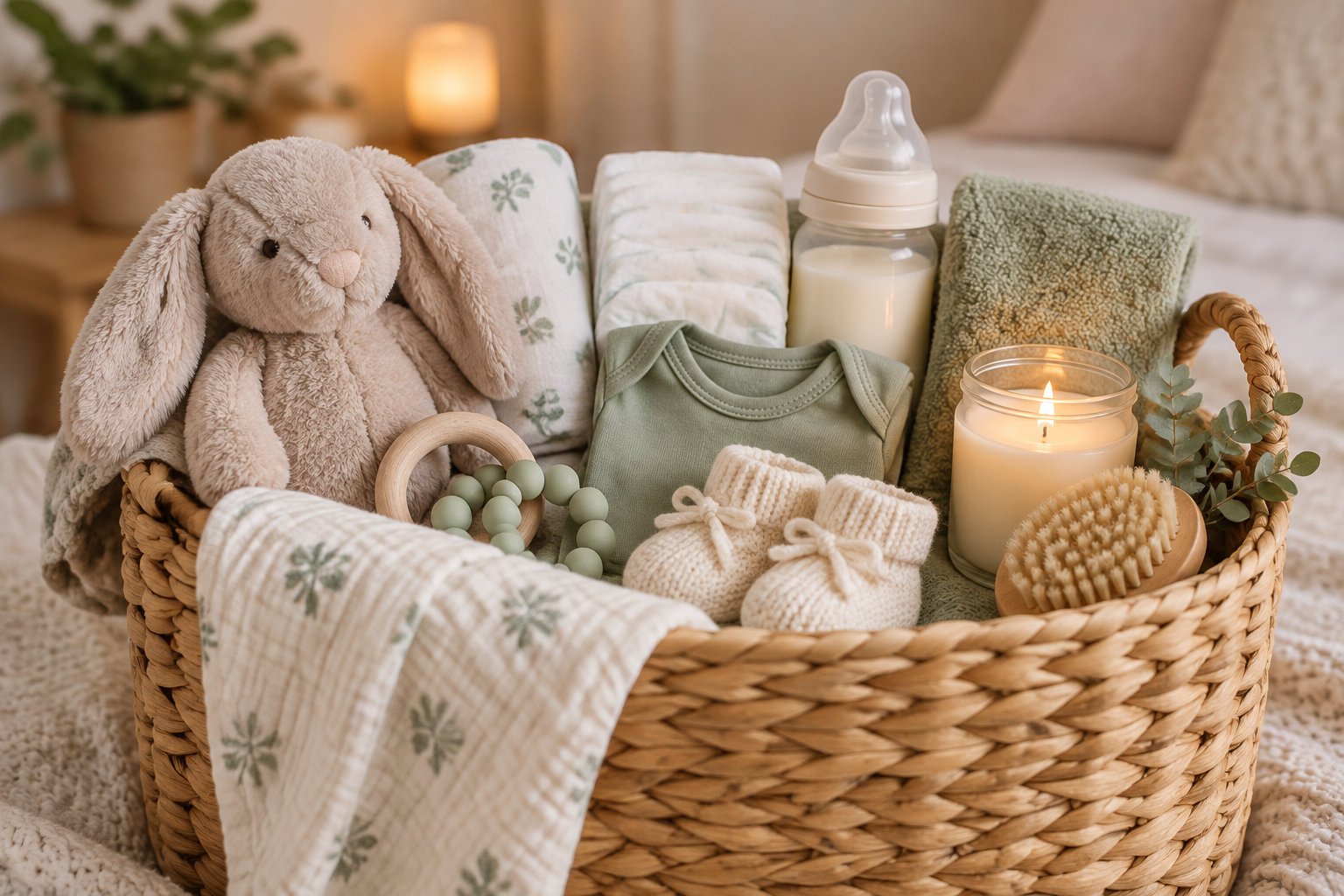 Creative personalized baby shower gift ideas that last 1 A woven basket holds a plush bunny, baby clothes, a bottle, booties, a blanket, a teether, a brush, and a lit candle.