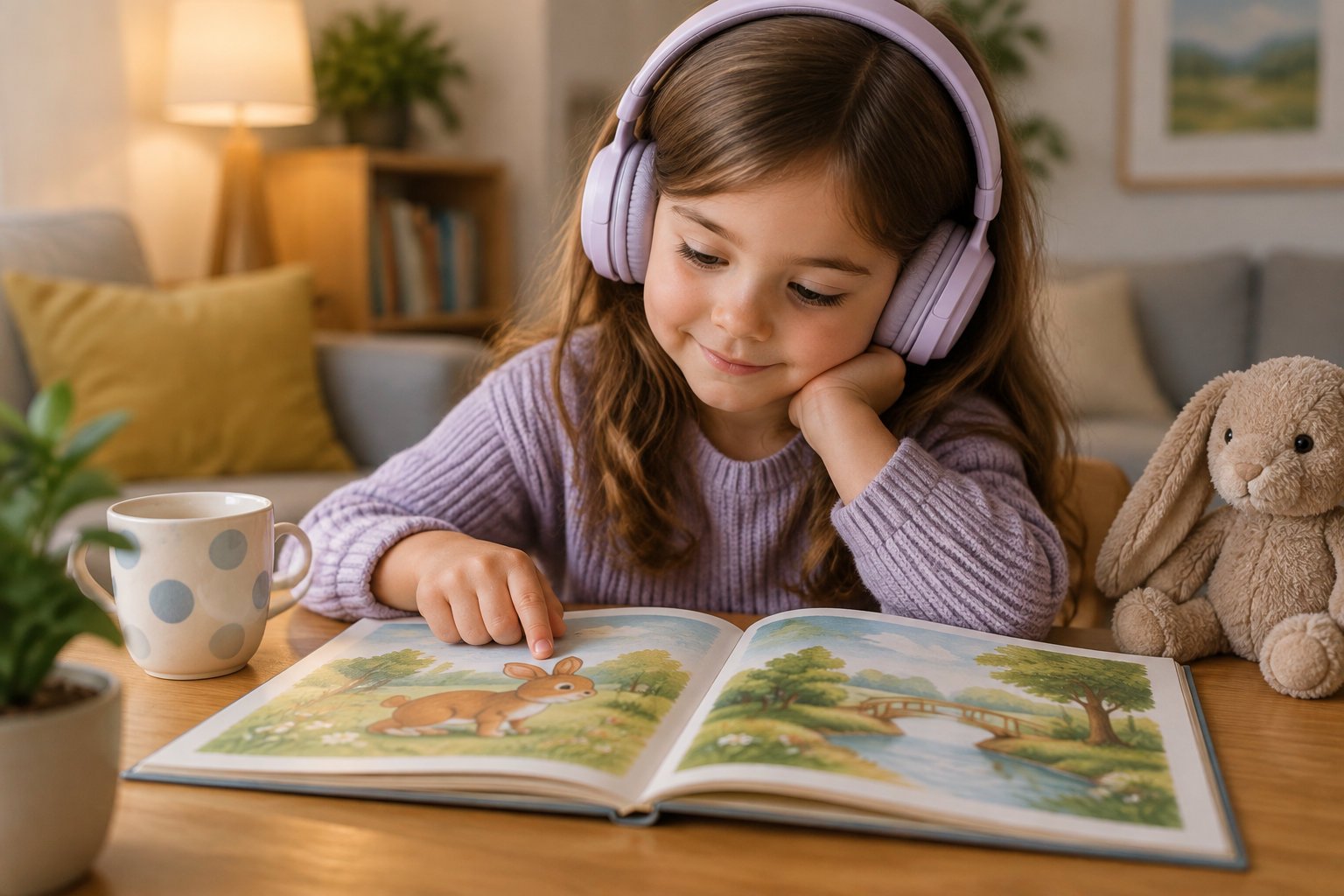 Key benefits of audio stories for kids and language skills 1 A young girl wearing lavender headphones points at an illustration in an open picture book on a table, with a mug and stuffed rabbit nearby.