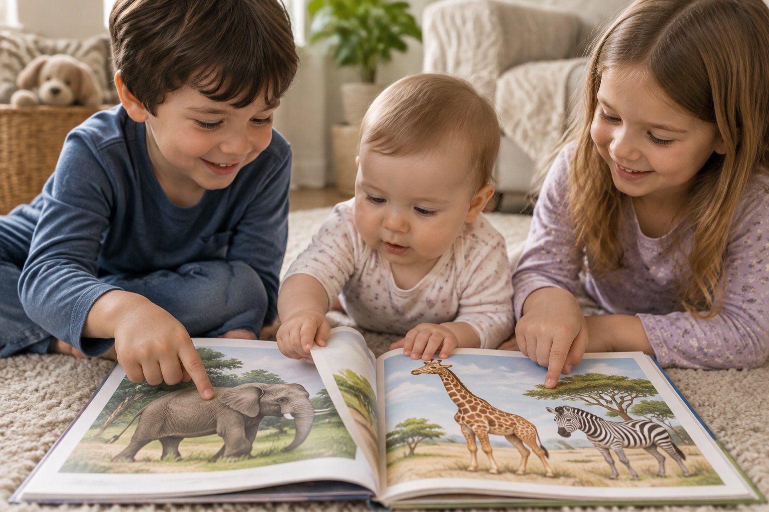 What parents really think: personalized books for toddlers reviews 1 Two children and a baby point at pictures of an elephant, giraffe, and zebra in an open picture book on the floor.