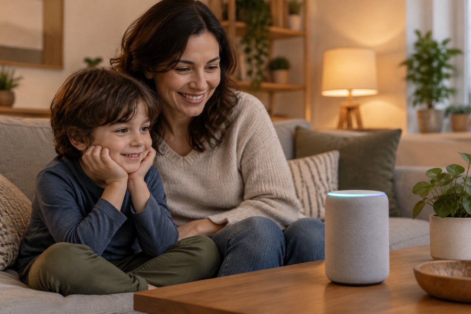 Is AI safe for children: a guide for parents 1 A smiling woman and child sit on a sofa beside a glowing smart speaker on a coffee table in a warmly lit living room.
