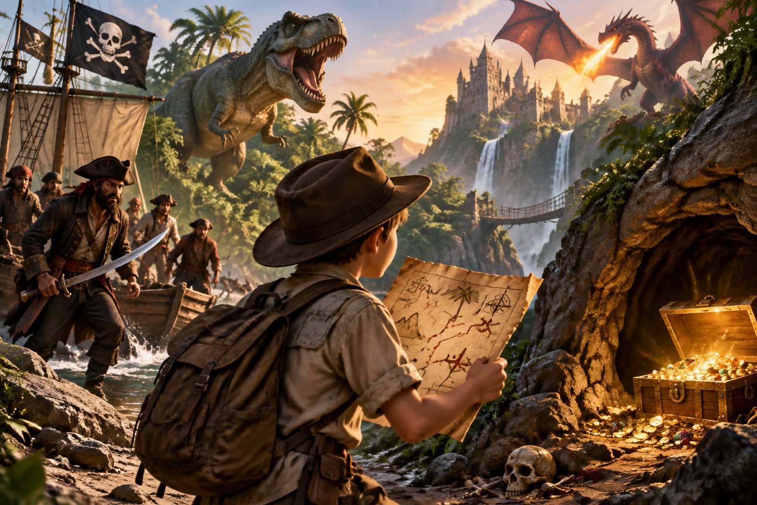 Adventurous personalized story books for boys 1 A child holding an illustrated map stands among pirates, a dinosaur, a fire-breathing dragon, a distant castle and waterfalls, and an open treasure chest in a jungle.