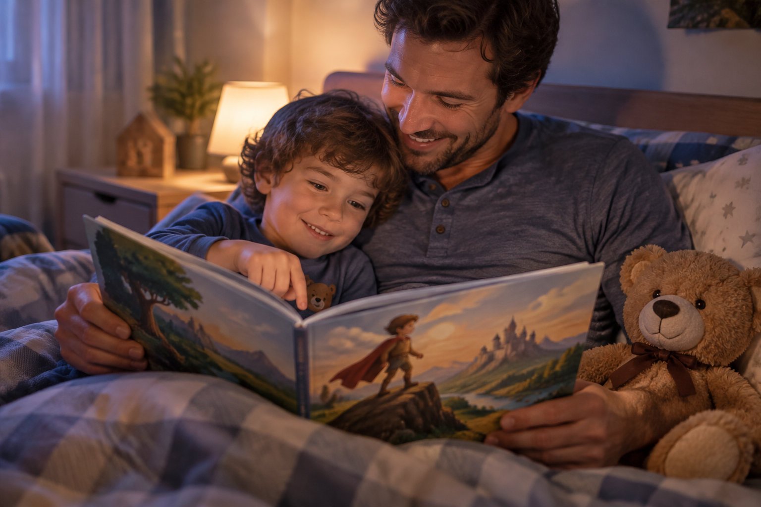 The science of why personalized bedtime stories work for kids 1 A father and young child smile while reading an illustrated storybook together in bed beside a teddy bear.