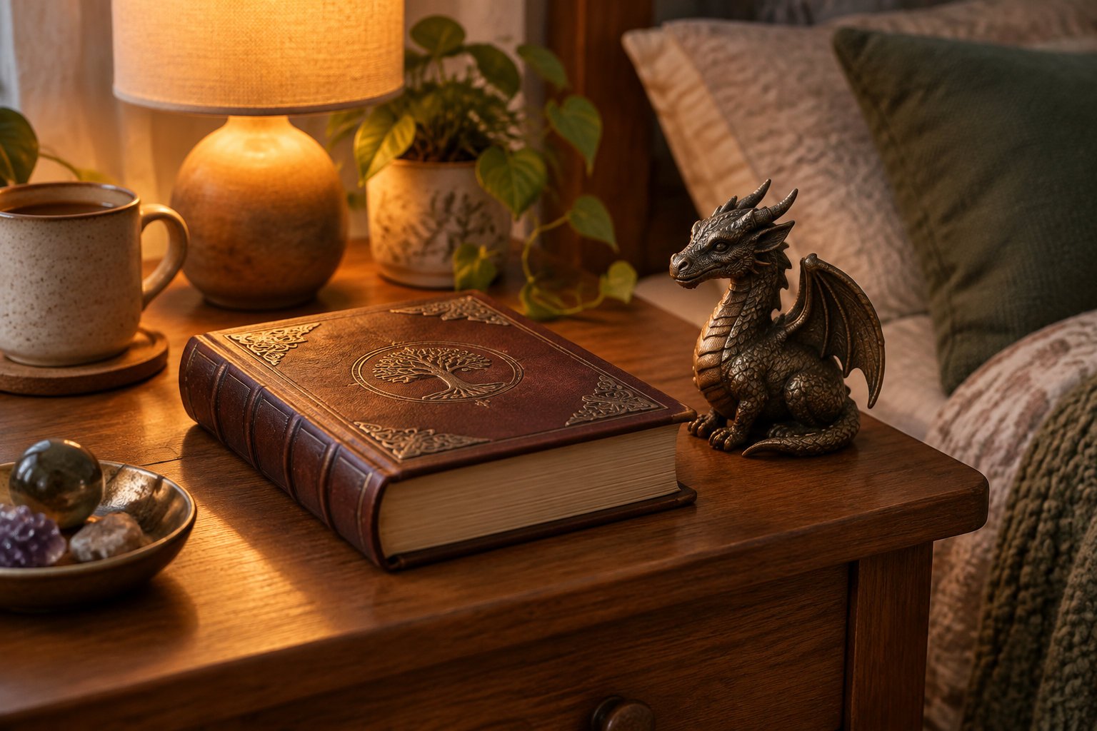 Creating personalized adventure stories for kids at home 1 A closed ornate leather-bound book and a small dragon figurine sit on a wooden bedside table beside a lit lamp, a mug, a potted plant, and a bowl of stones.