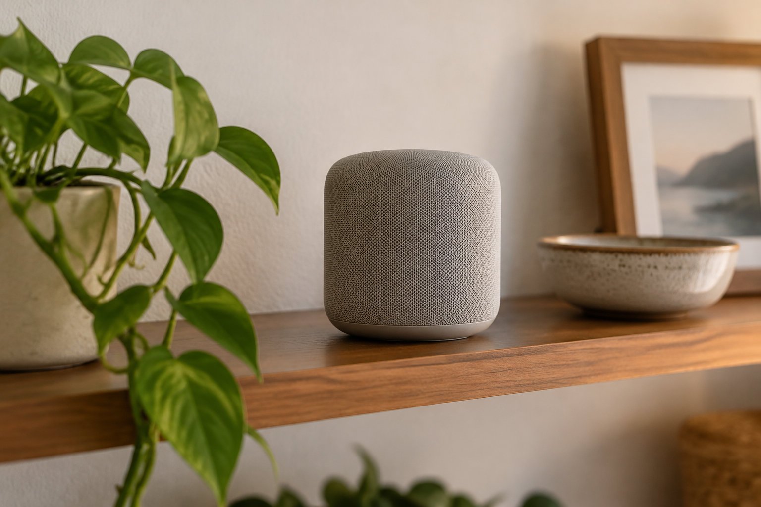 10 best audiobooks for 3 year olds to boost language skills 9 A fabric-covered smart speaker sits on a wooden shelf beside a potted plant, a ceramic bowl, and a framed landscape print.
