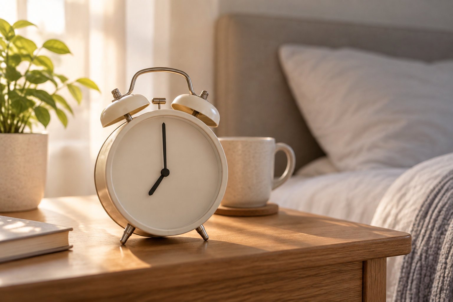 How to get a 7 year old to sleep without a struggle 1 A cream-colored alarm clock, a mug, a potted plant, and a book sit on a wooden bedside table beside a bed in warm morning light.