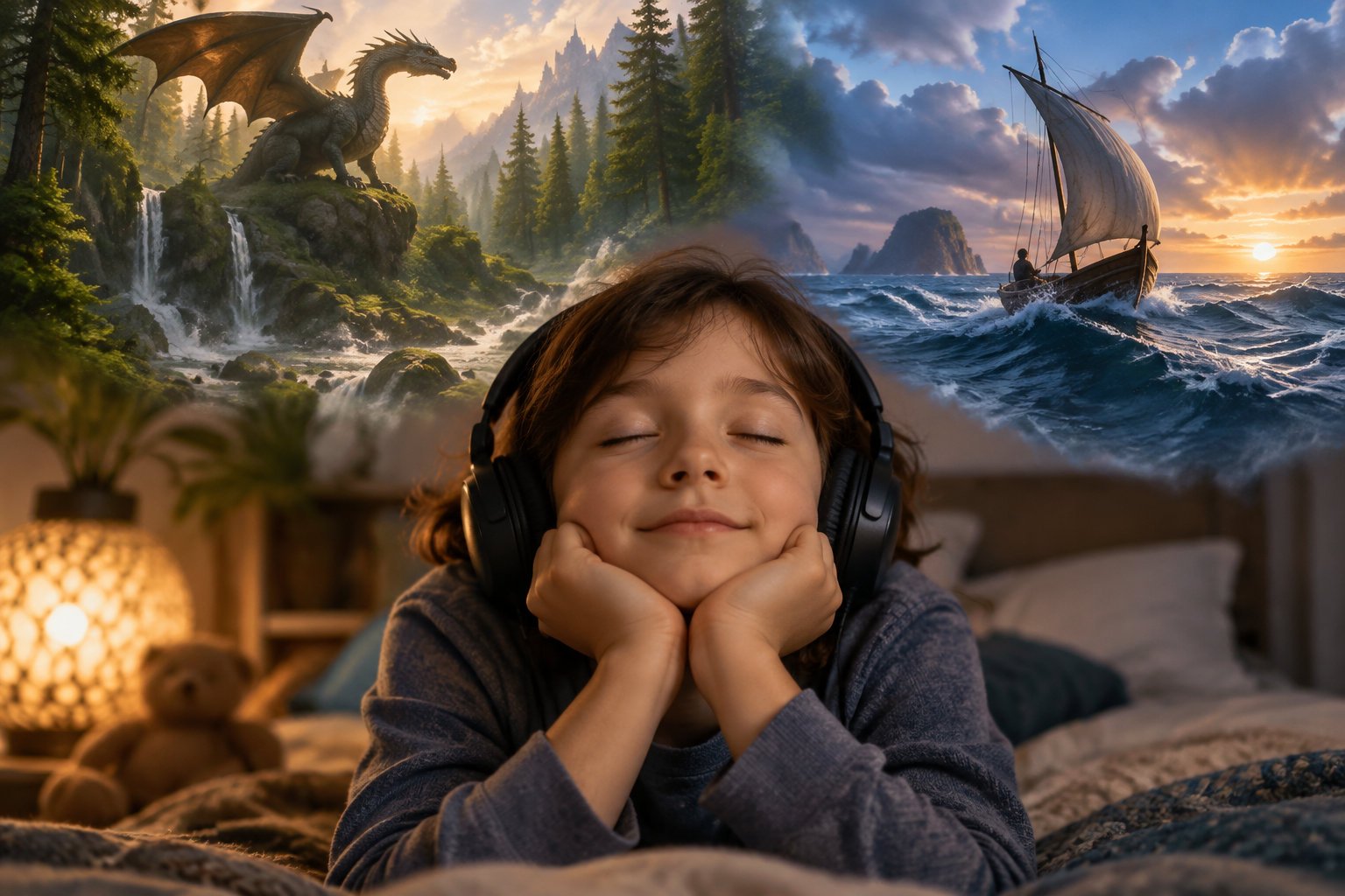 Key benefits of audio stories for kids and language skills 2 A child wearing headphones rests their chin in their hands on a bed, with a fantasy dragon forest and a sailing ship at sea pictured behind them.