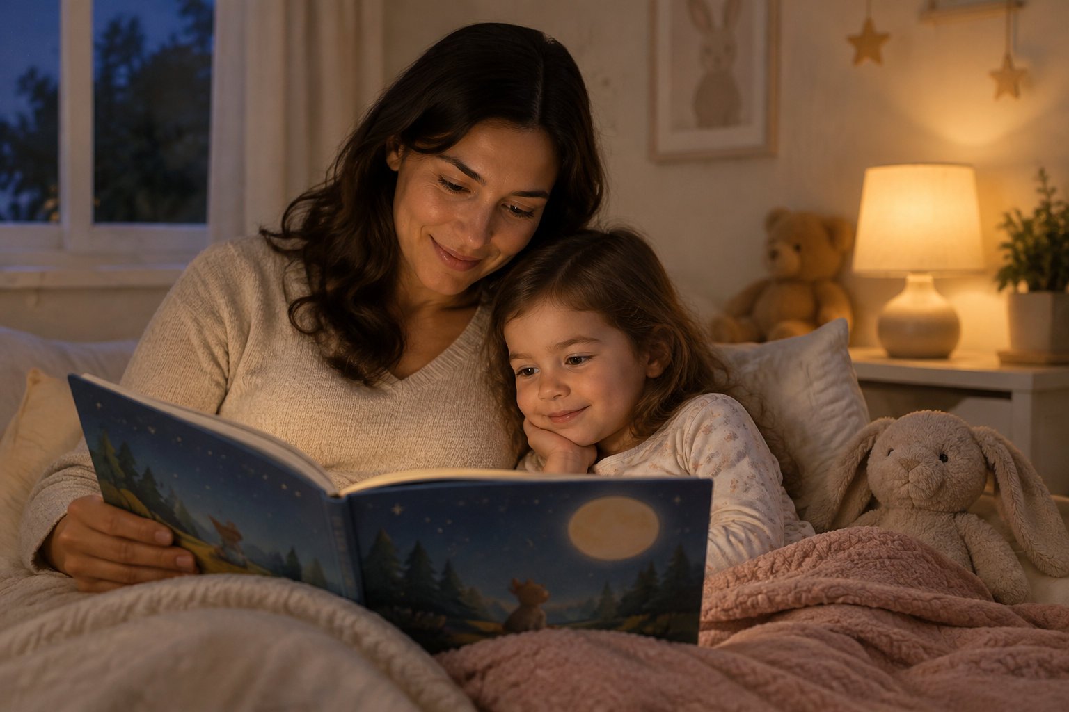 The best personalized books for kids to buy in 2026 1 A mother and young child sit together in bed reading an illustrated book beside a glowing bedside lamp and stuffed animals.