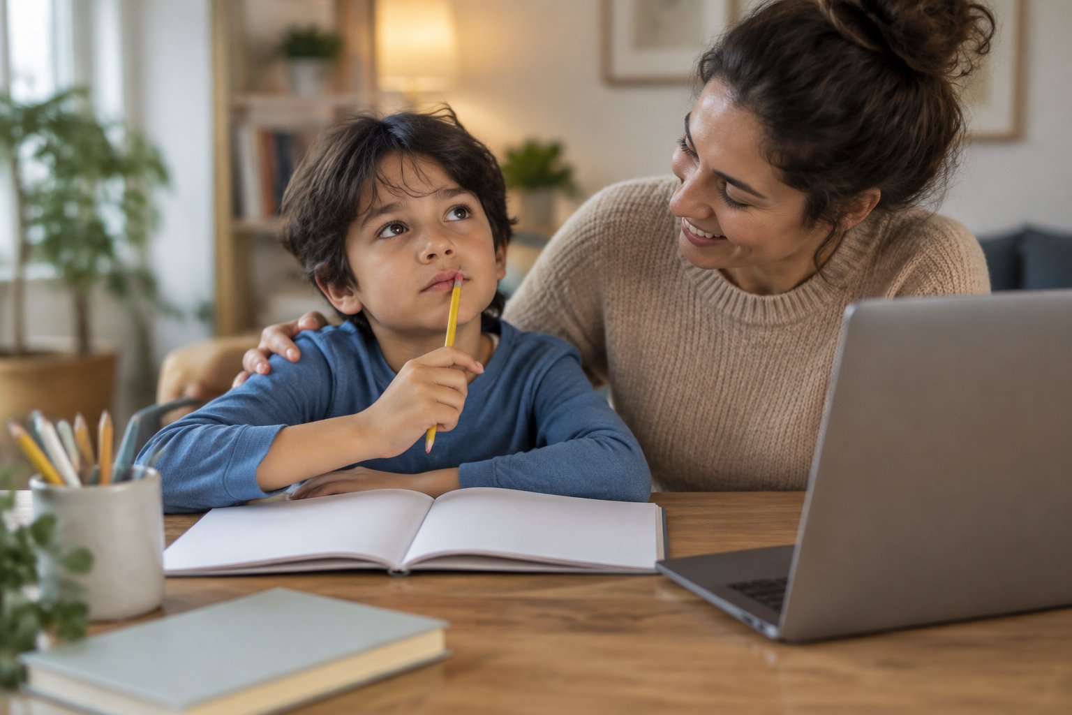Is AI safe for children: a guide for parents 2 A woman smiles as she sits beside a boy holding a pencil over an open notebook, with a laptop and pencil cup on the table.