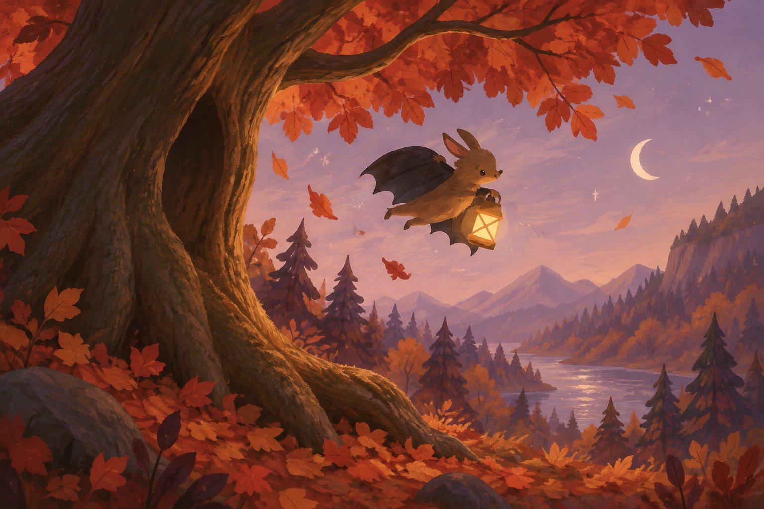 Not-so-spooky halloween stories for 5 year olds 1 An illustrated bat carries a glowing lantern through an autumn forest beneath a crescent moon, with mountains and a lake in the distance.