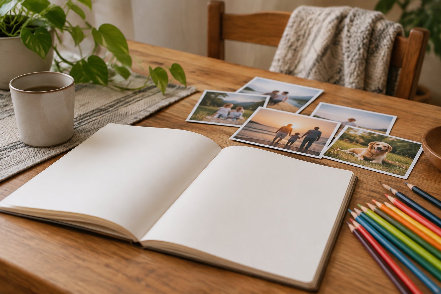 Helping a child process grief through stories 1 An open blank scrapbook lies on a wooden table beside colorful pencils, a cup of tea, a plant, and several printed family photos.