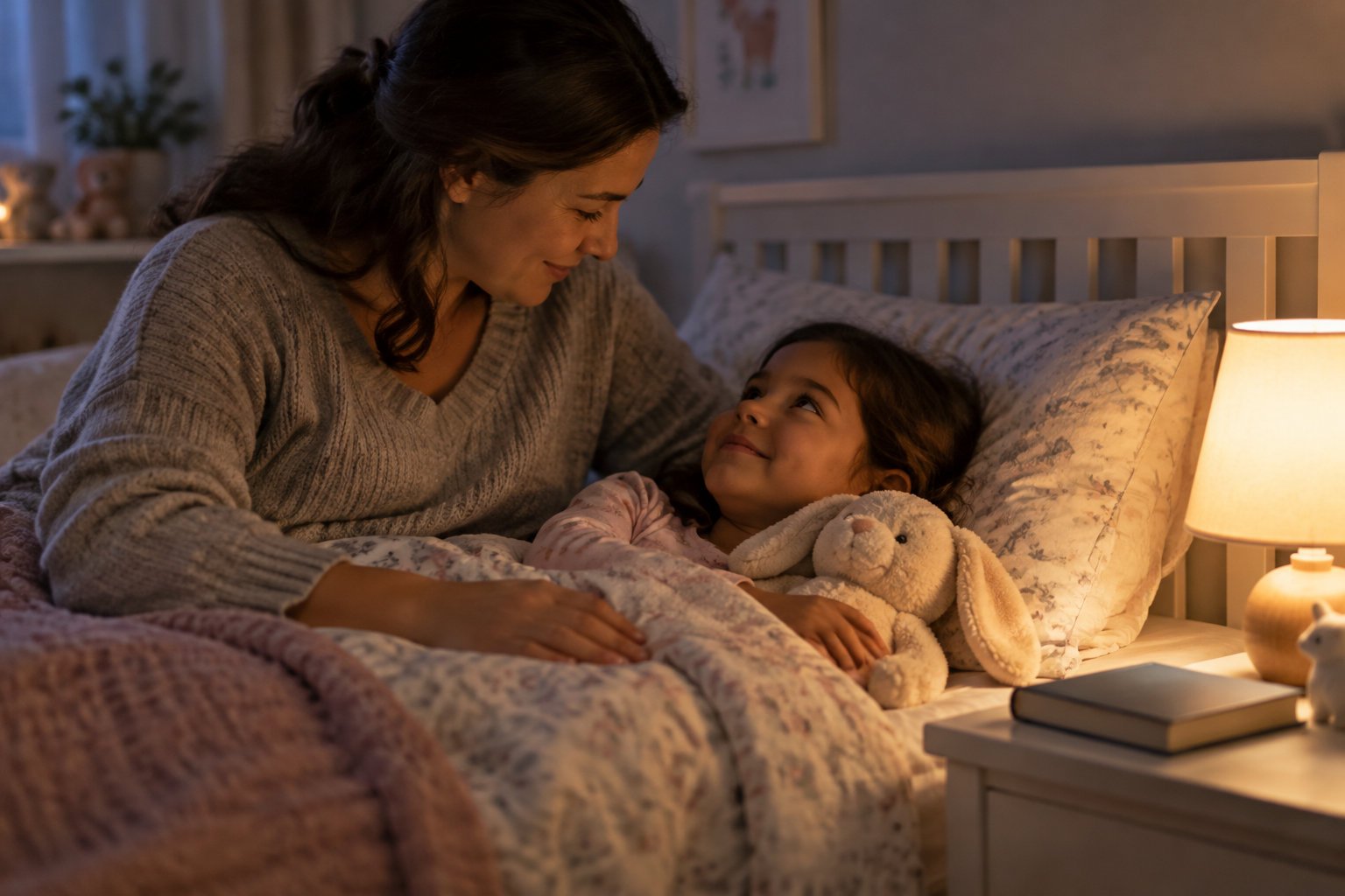 Inspiring bedtime stories for kids about courage and bravery 1 A woman sits beside a young girl in bed, tucking her in as the girl cuddles a plush rabbit; a bedside lamp glows nearby.