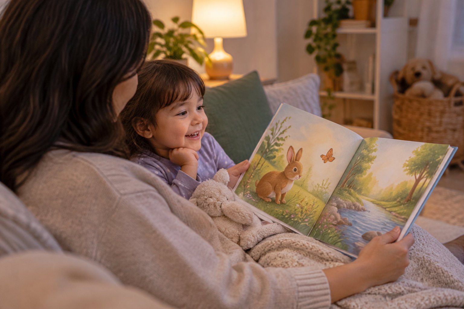 A woman reads an illustrated picture book to a smiling child on a couch in a warmly lit living room.