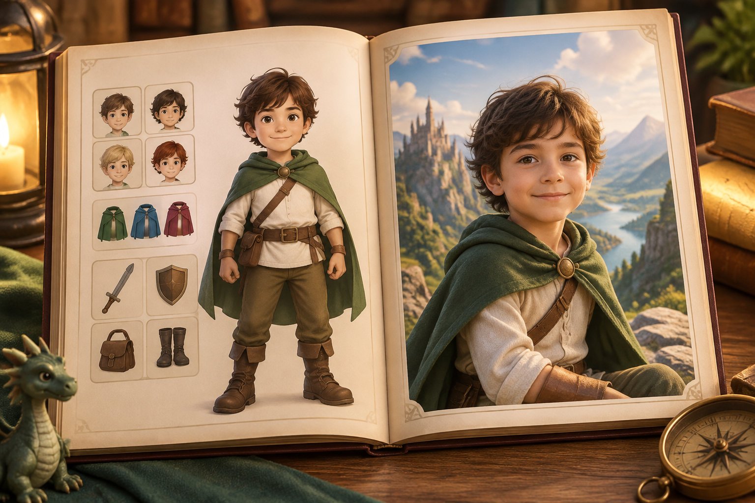 Adventurous personalized story books for boys 2 An open illustrated book shows a young adventurer in a green cape, with character portraits and equipment on one page and a mountain landscape portrait on the other.