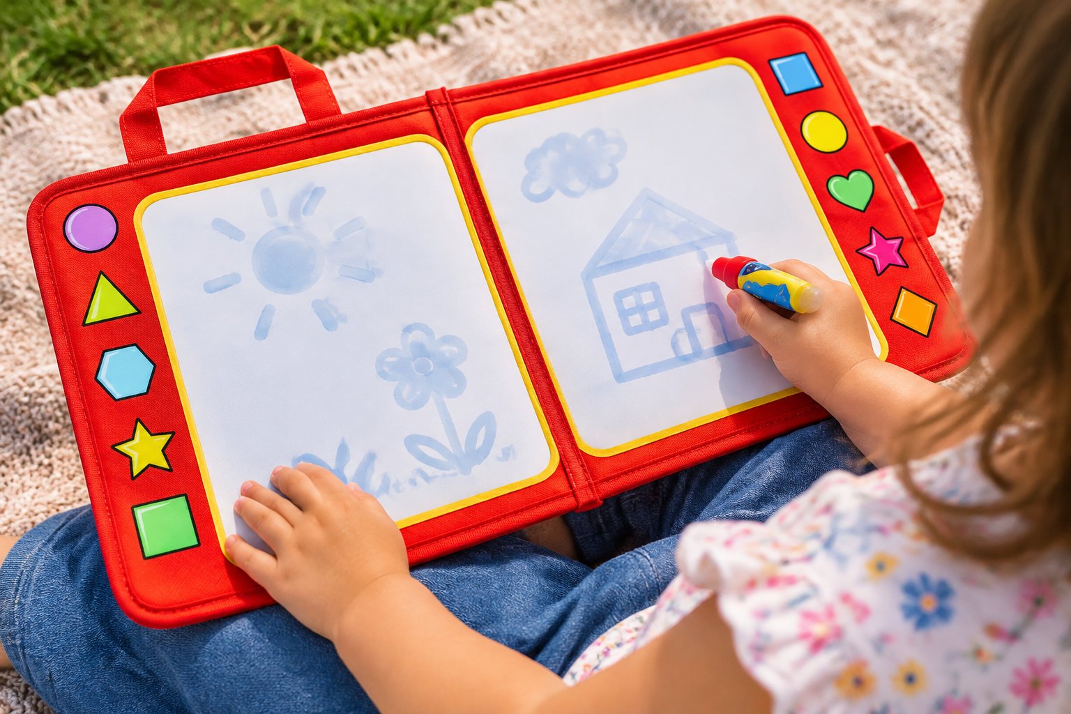 Toddler travel activities screen free: keeping little ones busy on the go 2 A child holds a colorful red drawing board on their lap and draws a house with a marker, while a sun and flowers are already sketched on the other panel.