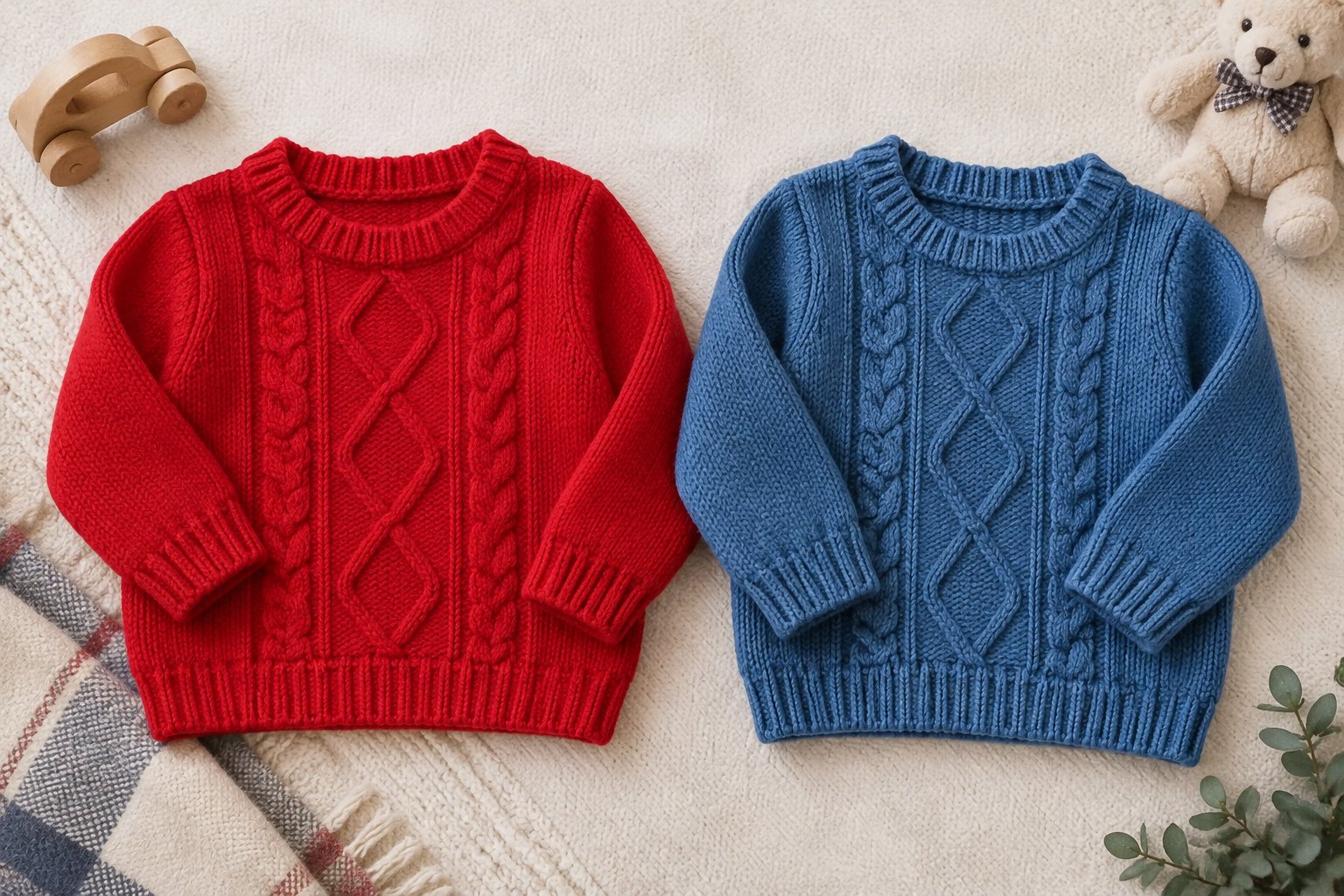 How to get kids to listen without yelling: 7 peaceful strategies 1 Red and blue cable-knit sweaters lie side by side on a cream blanket, with a wooden toy car, a teddy bear, and a sprig of greenery nearby.