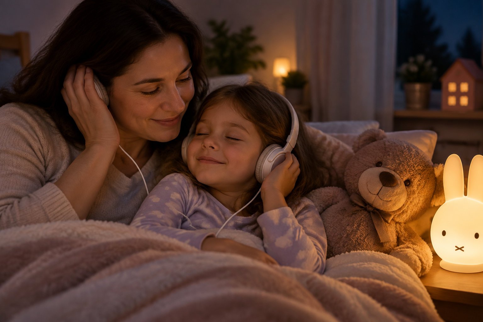 Key benefits of audio stories for kids and language skills 3 A mother and child sit cozily in bed wearing headphones, beside a teddy bear and a glowing rabbit-shaped lamp.