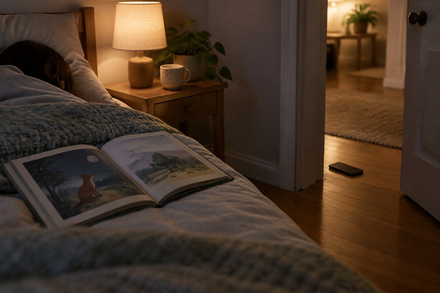 The science of why personalized bedtime stories work for kids 2 An open illustrated book rests on a bed in a warmly lit bedroom, with a lamp and mug on the bedside table and a phone on the floor by the open door.