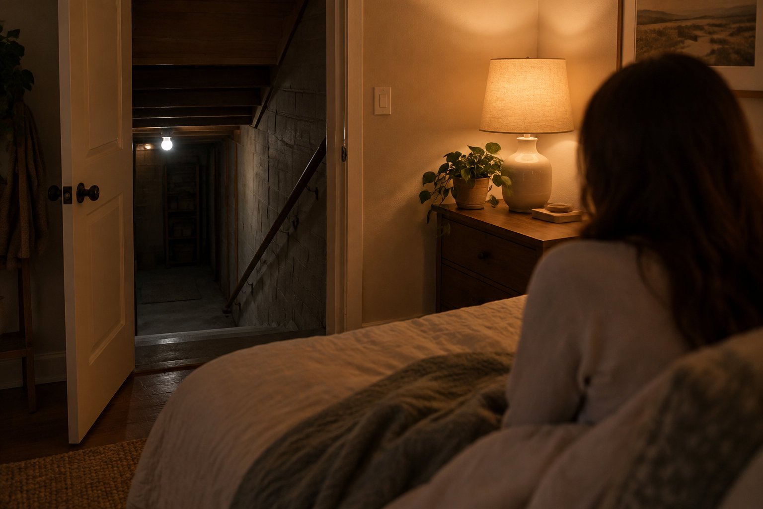 Inspiring bedtime stories for kids about courage and bravery 2 A person sits in bed facing an open door to a dim basement stairwell, in a warmly lit bedroom.