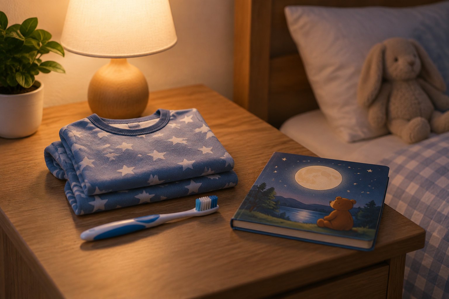 How to get a 7 year old to sleep without a struggle 2 A folded blue star-patterned pajama top, a toothbrush, and an illustrated book sit on a wooden bedside table beside a glowing lamp, with a stuffed rabbit on the bed.