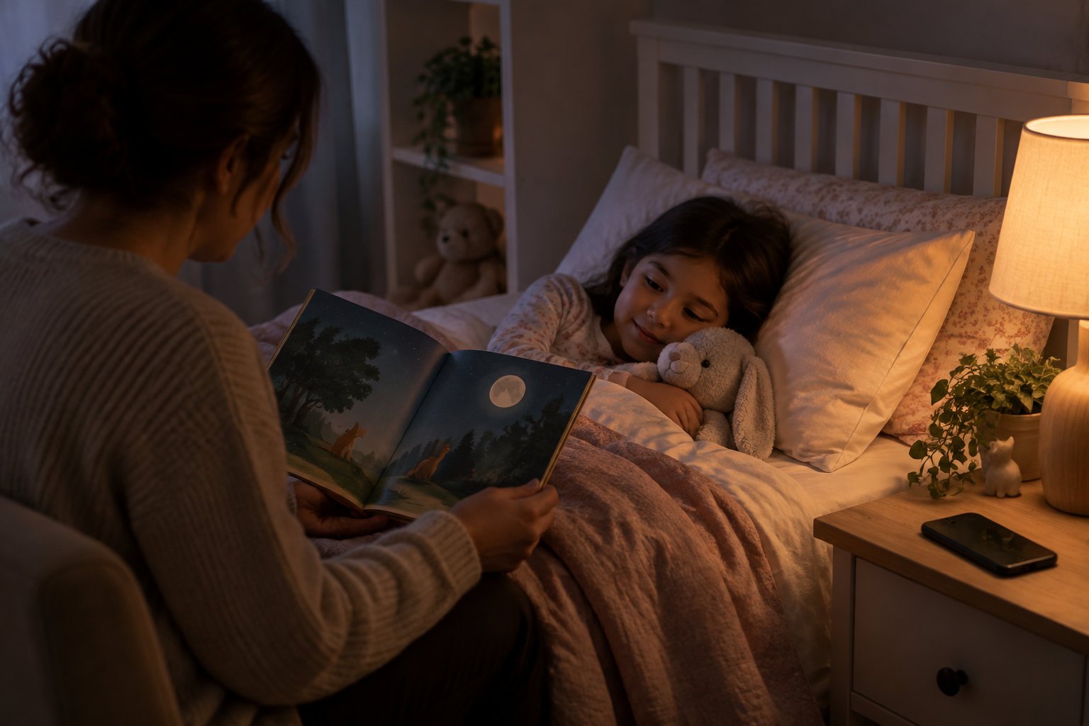 Why whatsapp stories for kids are changing bedtime rituals 1 A woman reads an illustrated book to a young girl in bed as the girl cuddles a stuffed rabbit in a softly lit bedroom.