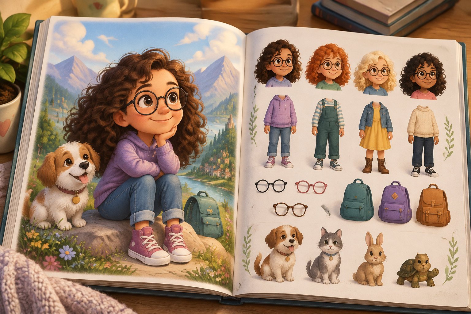 Empowering personalized story books for girls 1 An open illustrated book shows a girl with glasses and a dog in a mountain landscape on one page, and character, clothing, accessory, and animal designs on the other.