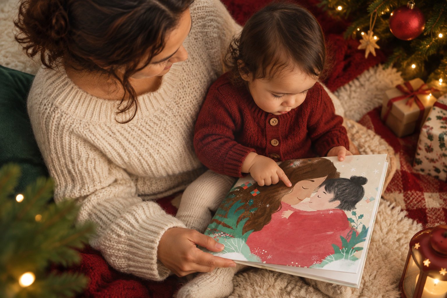 Magical personalized christmas books for toddlers and babies 1 A woman and a toddler in cozy sweaters look at an illustrated book beside a decorated Christmas tree and wrapped gifts.