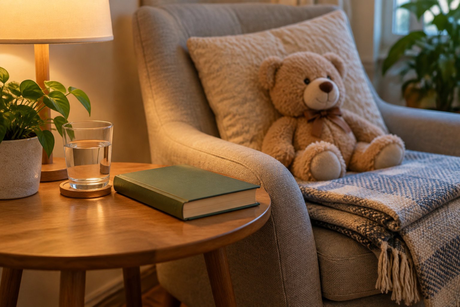Helping a child process grief through stories 2 A teddy bear sits in an armchair beside a wooden table with a closed book, a glass of water, a potted plant, and a lit lamp.