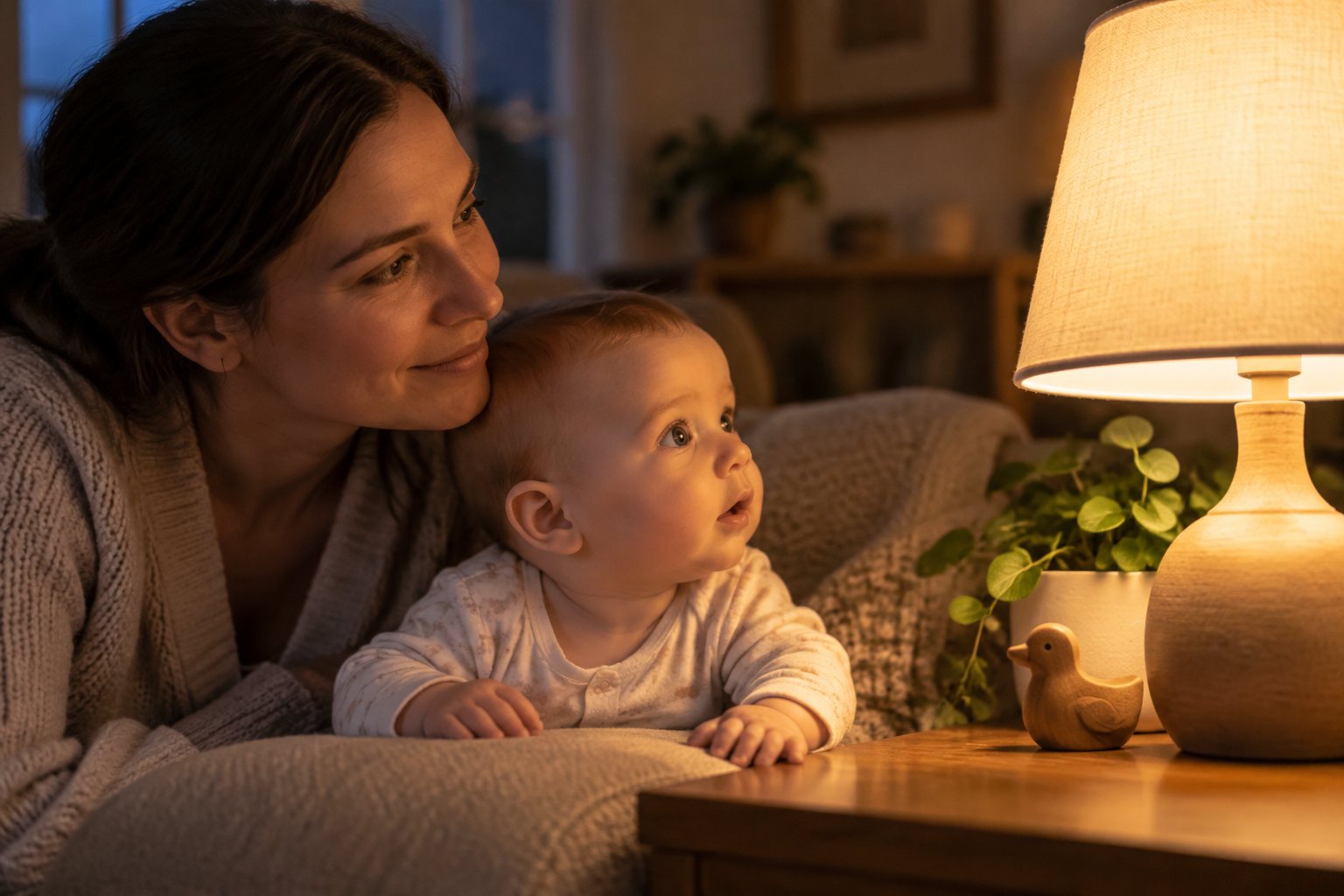 A woman sits beside a baby on a sofa as they look toward a glowing table lamp, with a small wooden duck and a potted plant nearby.
