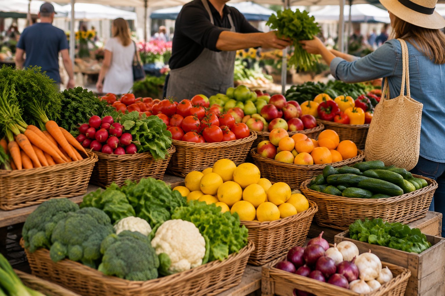 10 best audiobooks for 3 year olds to boost language skills 2 A shopper in a sun hat receives a bunch of leafy greens from a vendor at an outdoor market, with baskets of fresh fruit and vegetables in the foreground.