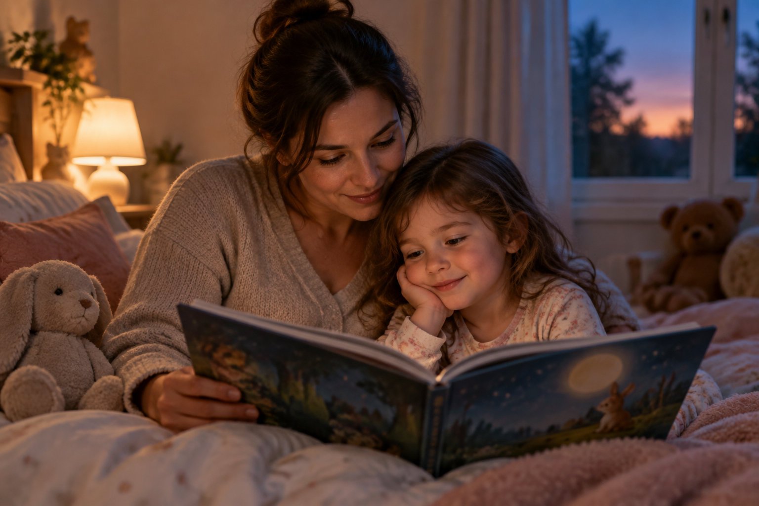 A mother and young girl cuddle in bed while looking at an open picture book, with stuffed animals nearby and a lamp glowing beside a window at dusk.