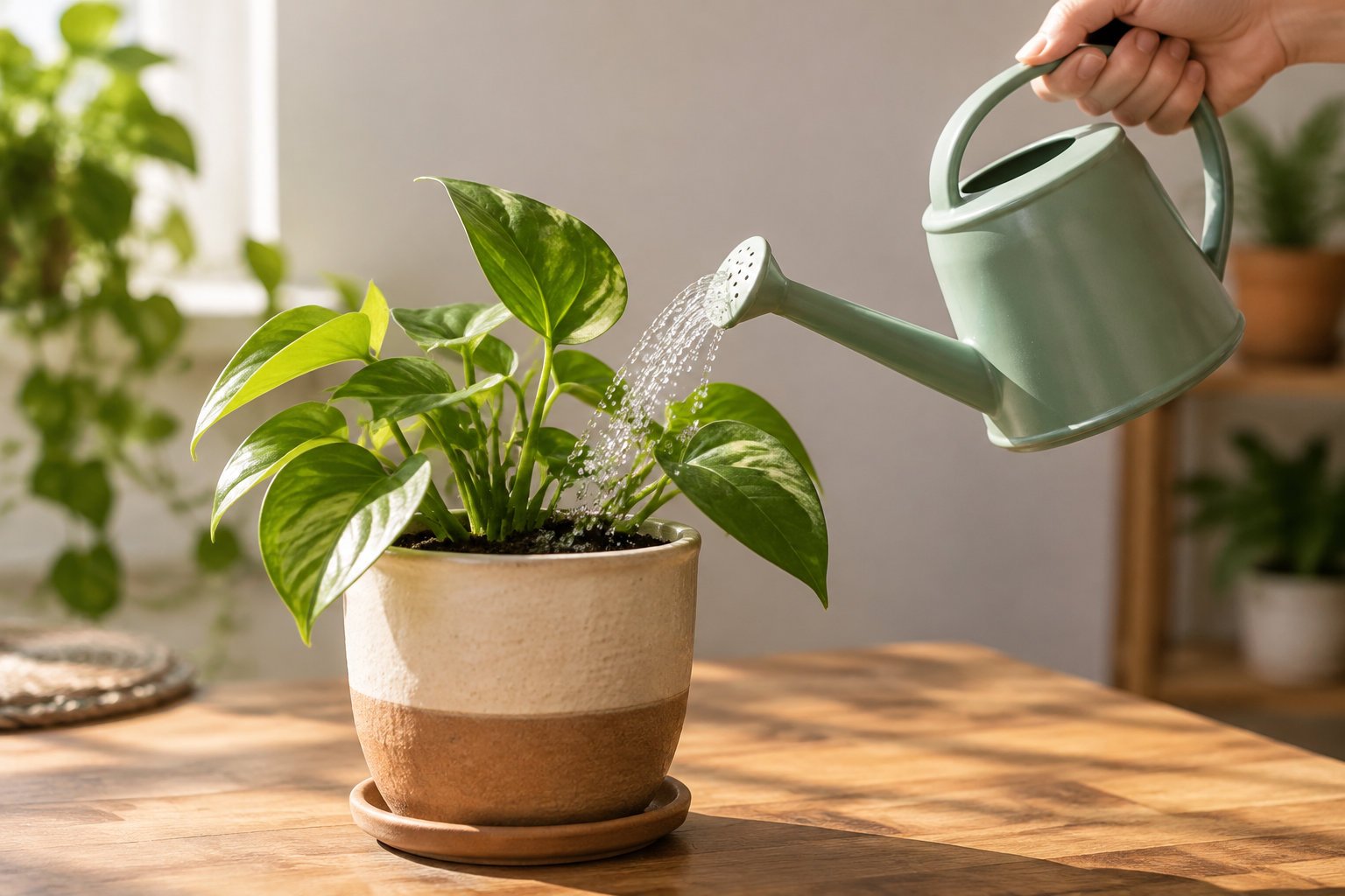 Practical tips for teaching kindness to toddlers through play 2 A hand pours water from a green watering can onto a leafy plant in a ceramic pot on a wooden table.