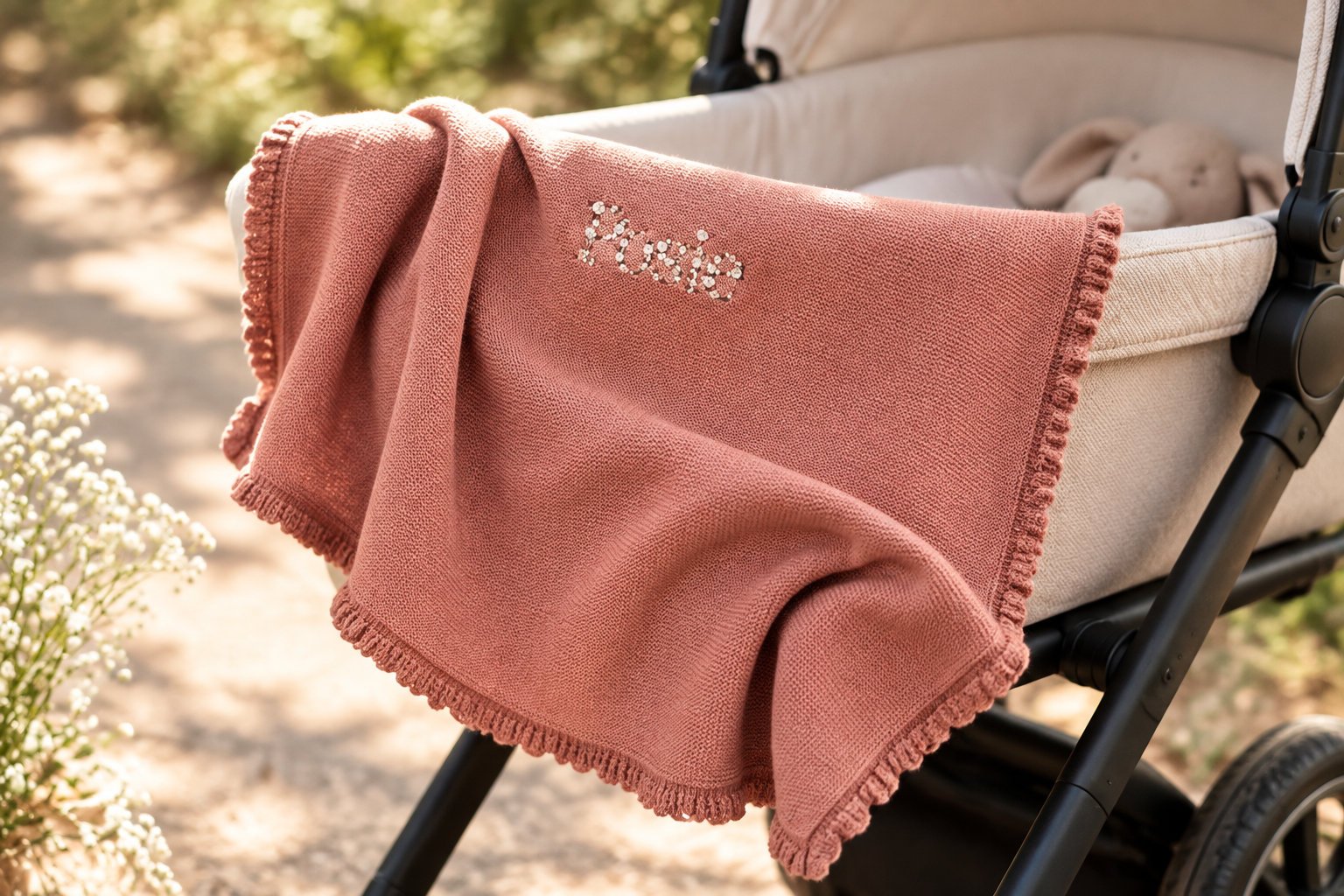 Creative personalized baby shower gift ideas that last 2 A pink knitted blanket with a decorative embroidered motif hangs over a beige stroller on a sunlit path.