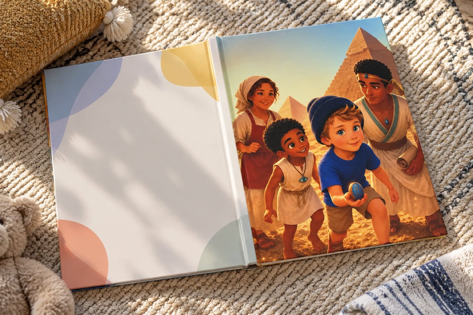 The best personalized books for kids to buy in 2026 2 An open picture book lies on a woven rug, showing a child holding a blue object alongside three other children near pyramids; the opposite page is blank.