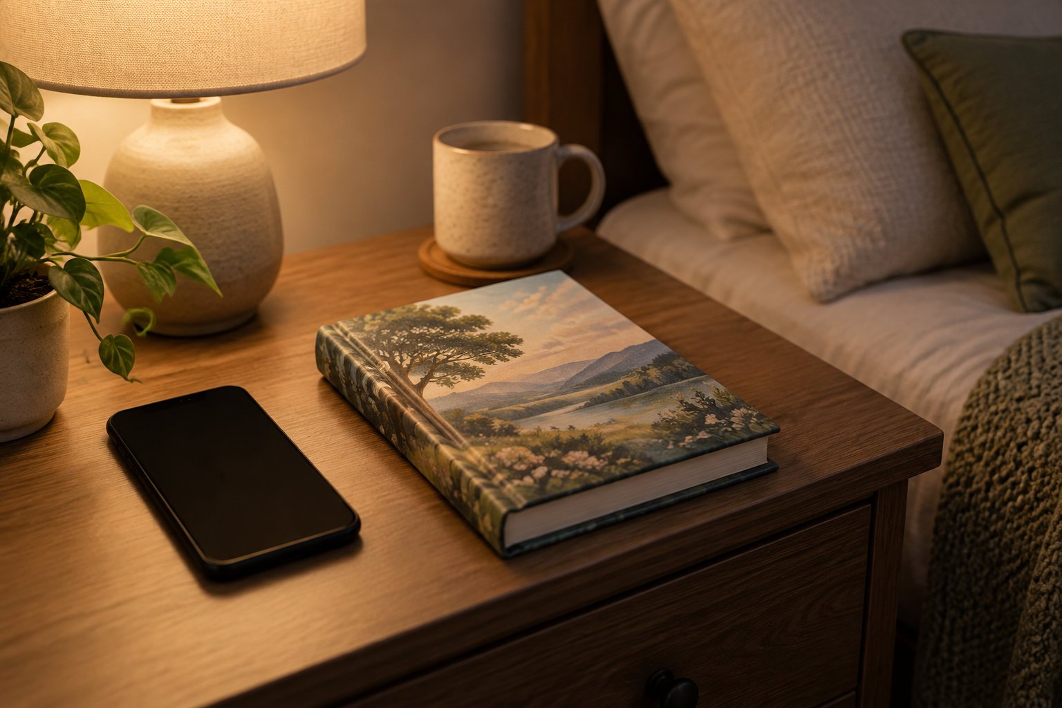 Creating personalized adventure stories for kids at home 2 A closed landscape-cover book, a black smartphone, and a ceramic mug sit on a wooden bedside table beside a lit lamp and a potted plant.