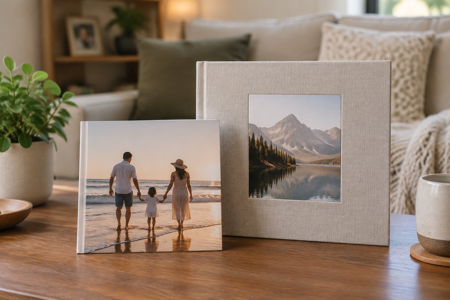 Two photo books showing a family walking on a beach and a mountain lake sit on a wooden table in a cozy living room.