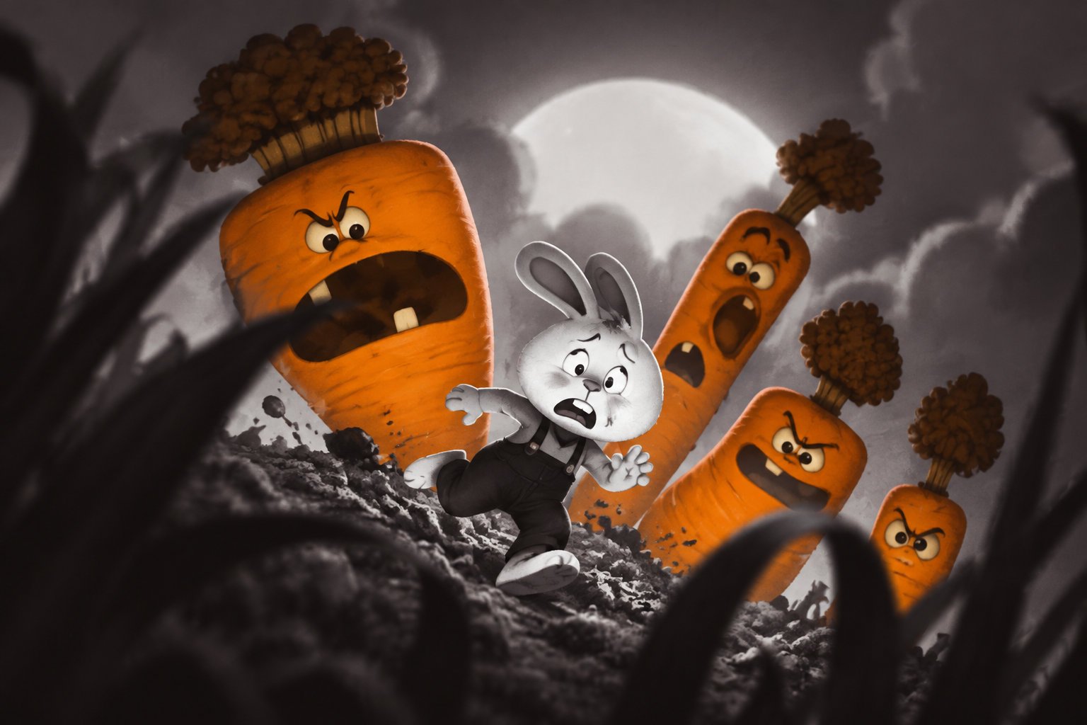 Not-so-spooky halloween stories for 5 year olds 2 A frightened cartoon rabbit runs across rocky ground as four angry, anthropomorphic carrots loom behind it beneath a full moon.