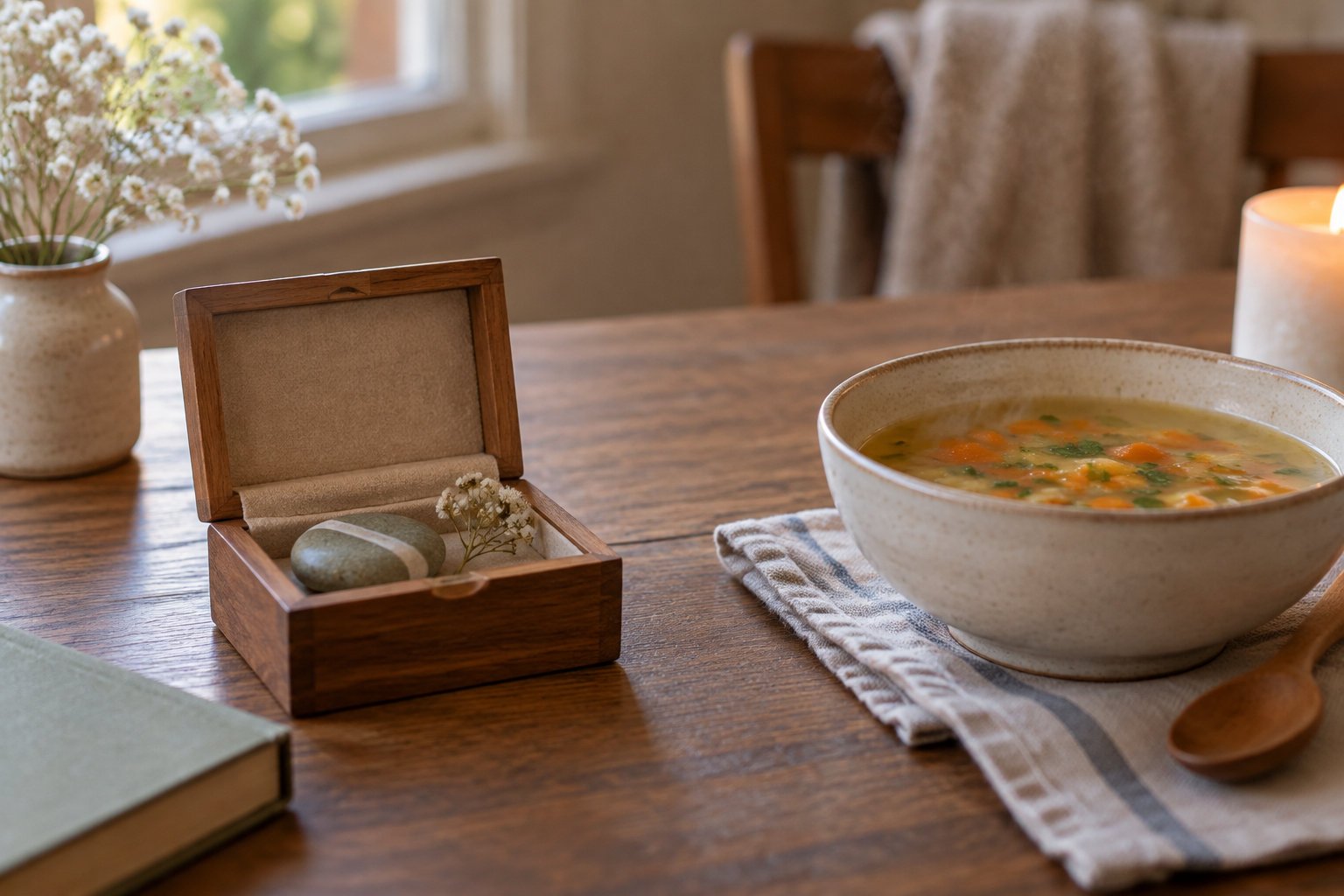 Helping a child process grief through stories 3 A bowl of vegetable soup sits beside an open wooden box holding a smooth stone and a sprig of flowers, with a candle, vase, and book on the table.