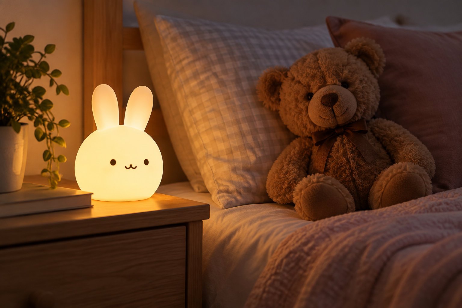 How to get a 7 year old to sleep without a struggle 3 A glowing rabbit-shaped night light sits on a bedside table beside a potted plant, illuminating a teddy bear on a bed.