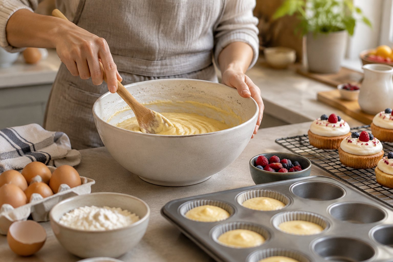 10 best audiobooks for 3 year olds to boost language skills 3 A person stirs cake batter in a large bowl beside eggs, flour, a muffin tin, berries, and frosted cupcakes.