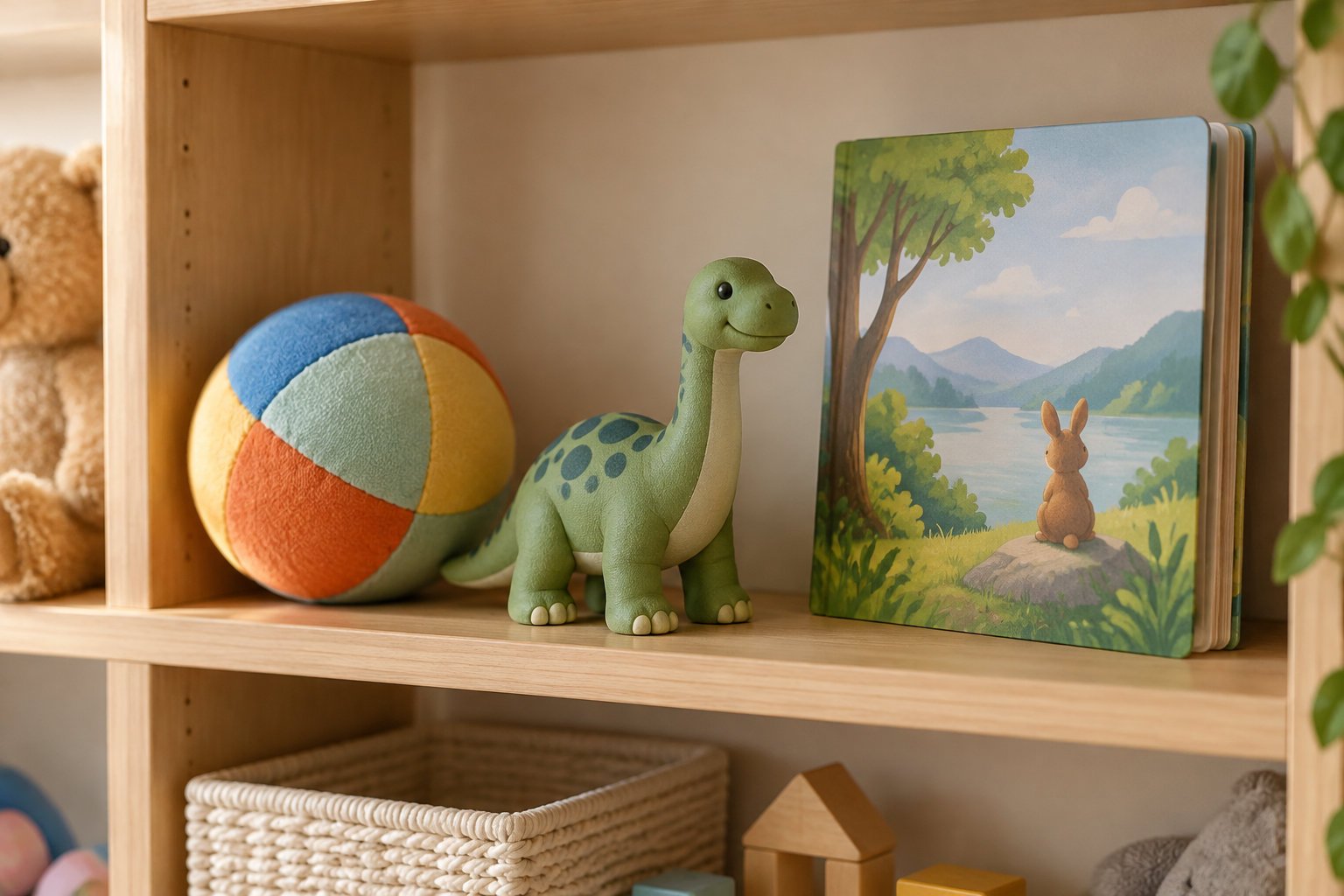 Why whatsapp stories for kids are changing bedtime rituals 2 A wooden toy shelf holds a plush beach ball, a green dinosaur figurine, and an illustrated board book showing a rabbit by a lake.