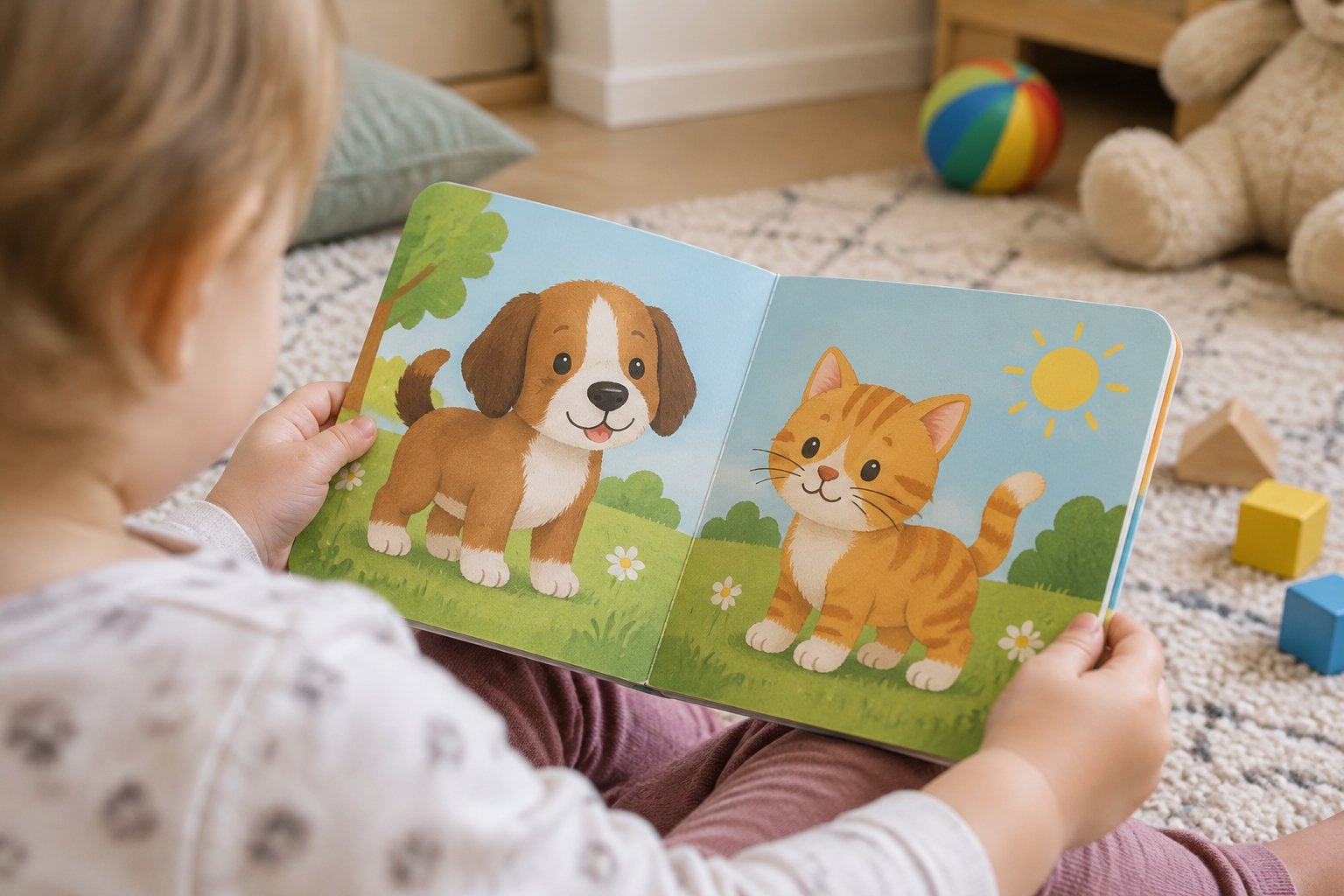 What parents really think: personalized books for toddlers reviews 3 A young child sits on a rug holding open a picture book showing an illustrated puppy and kitten.