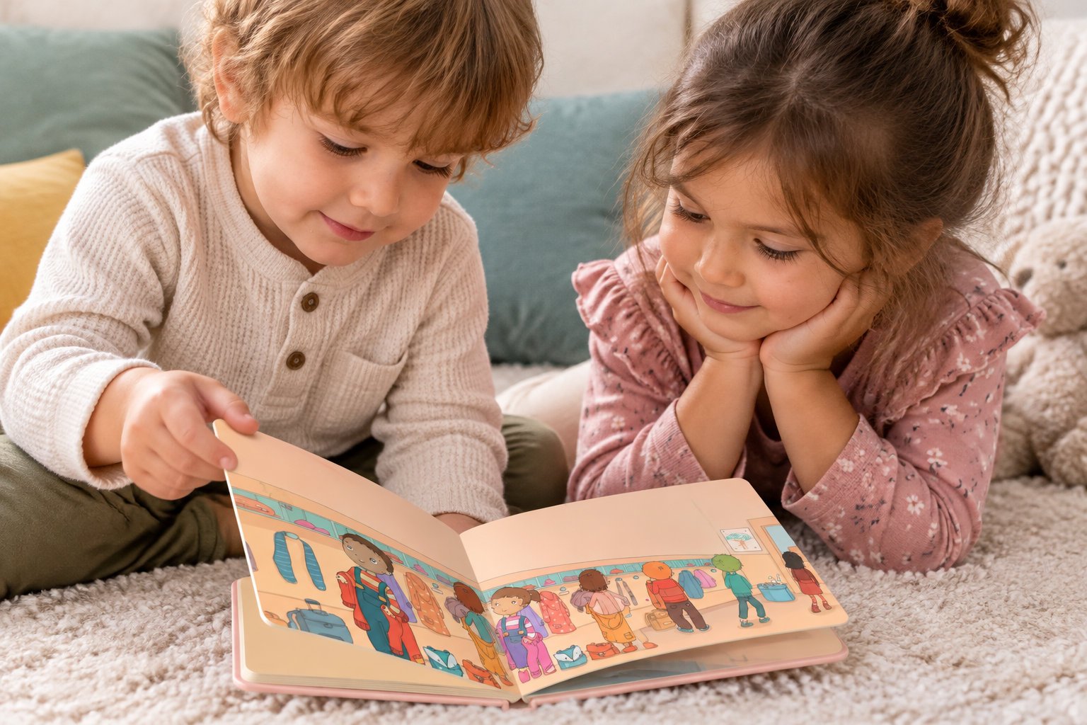 The best personalized books for kids to buy in 2026 3 Two young children sit on a rug, smiling as they look at an open illustrated book together.