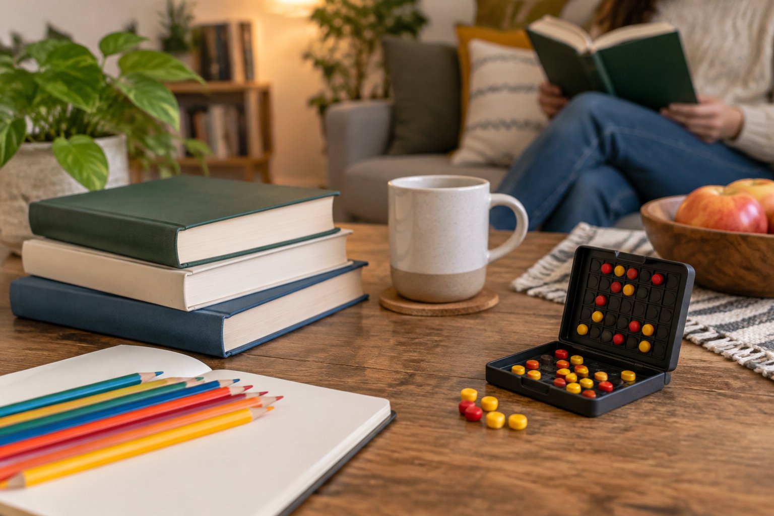 A person reads a book on a sofa behind a coffee table with stacked books, a mug, colored pencils, a notebook, and a small board game.