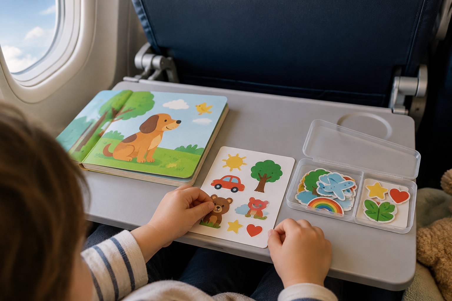 Toddler travel activities screen free: keeping little ones busy on the go 3 A child arranges colorful animal and nature stickers on a card at an airplane seat, beside a picture book and an open sticker case.