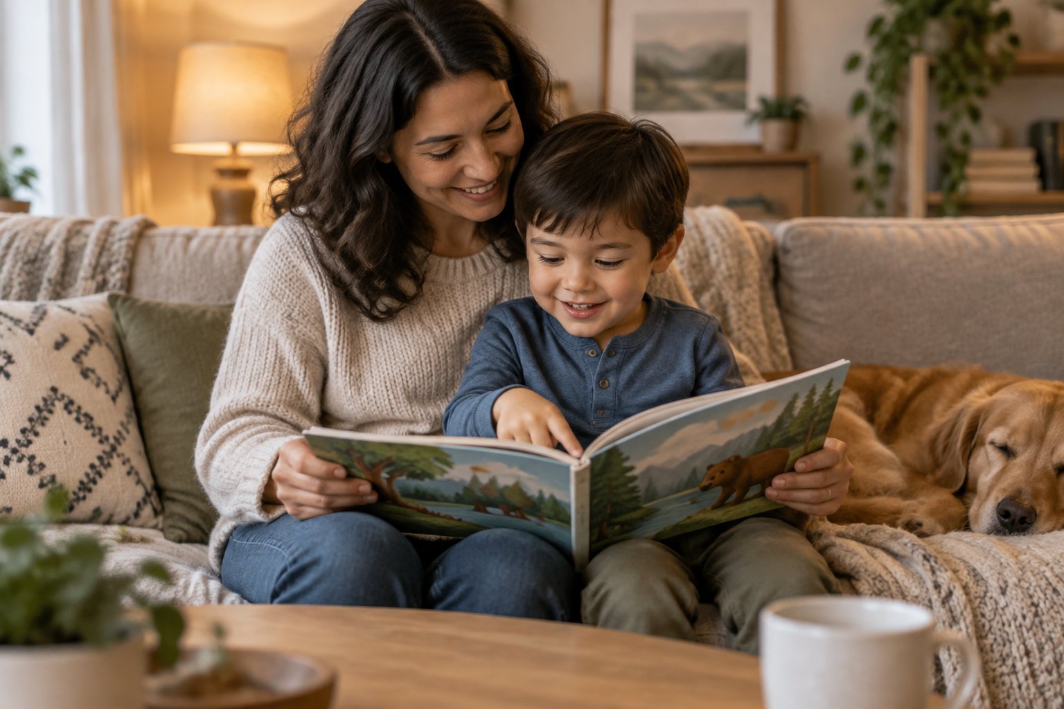 Inspiring bedtime stories for kids about courage and bravery 3 A woman and a young boy sit on a sofa reading an illustrated book while a dog rests beside them.