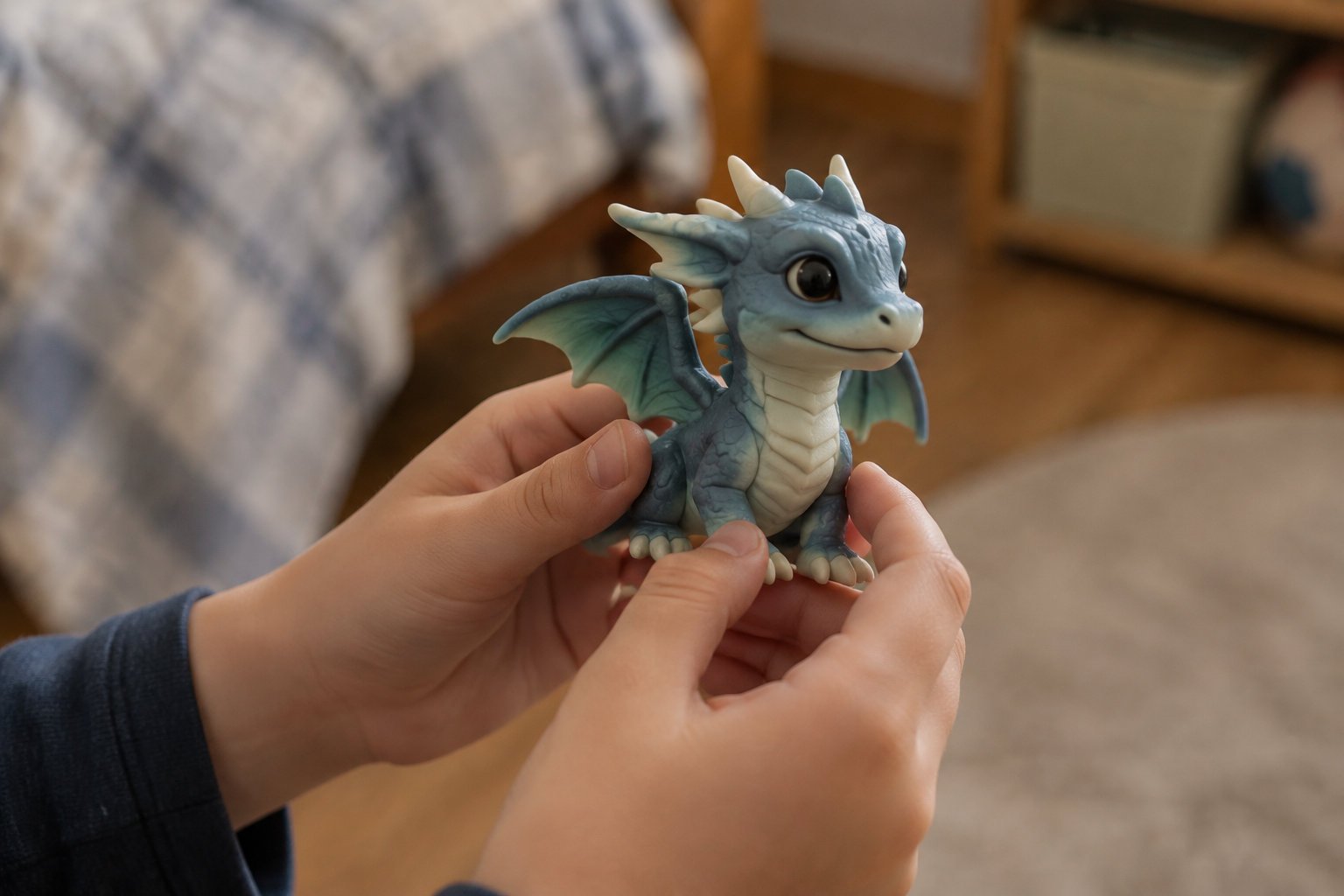 Is AI safe for children: a guide for parents 3 A pair of hands holds a small blue dragon figurine with outstretched wings.