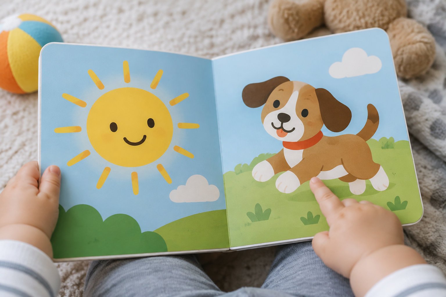 Empowering personalized story books for girls 2 An open picture book shows a smiling sun on one page and a brown-and-white dog on the other as a baby points at the dog.