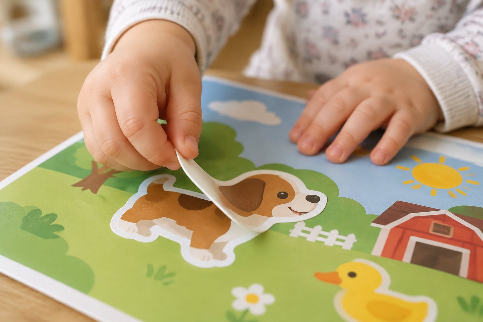 Toddler travel activities screen free: keeping little ones busy on the go 4 A child peels a dog sticker from a colorful farm-themed activity book.