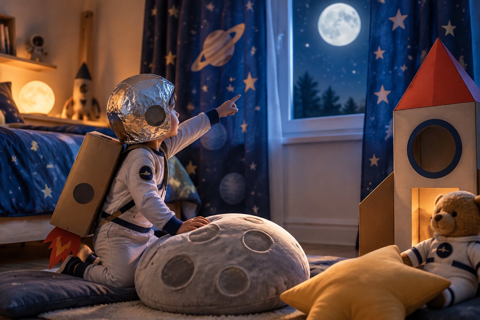 10 best audiobooks for 3 year olds to boost language skills 4 A child dressed as an astronaut points toward the moon from a bedroom decorated with stars, with a cardboard rocket and a teddy bear nearby.