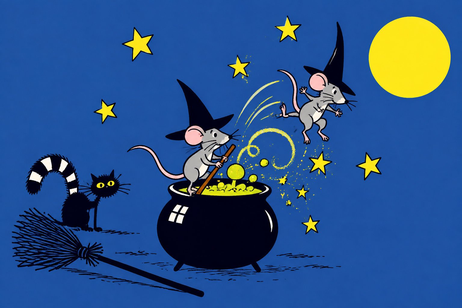 Not-so-spooky halloween stories for 5 year olds 3 A black cat sits beside a broom while two mice in witch hats stir a bubbling cauldron, with stars and a large yellow moon against a blue night sky.
